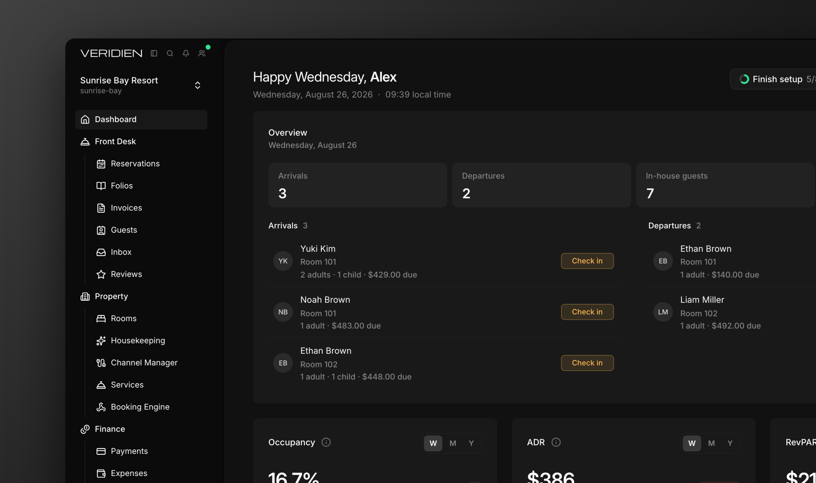 The property dashboard with arrivals, departures, and performance widgets