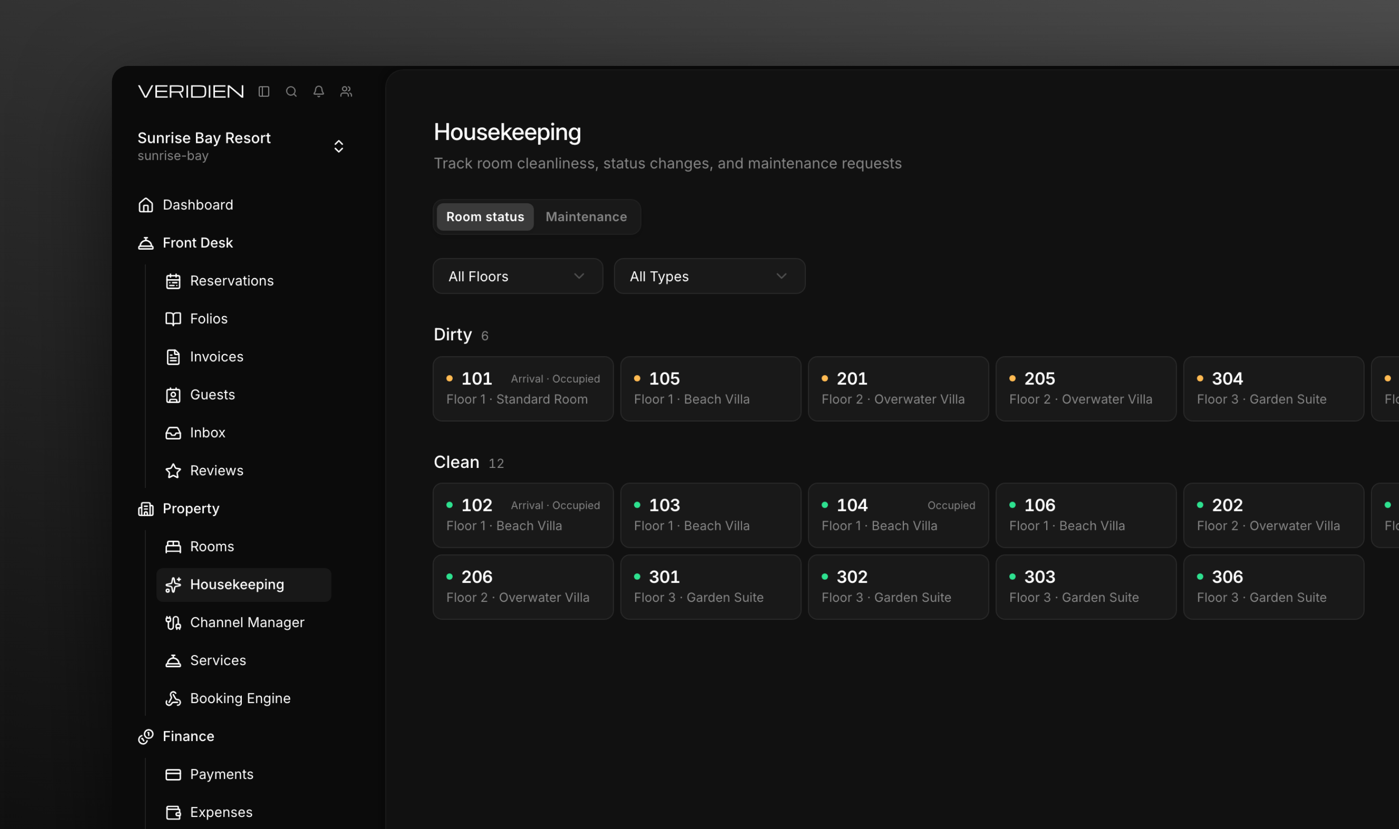 The housekeeping board with room statuses