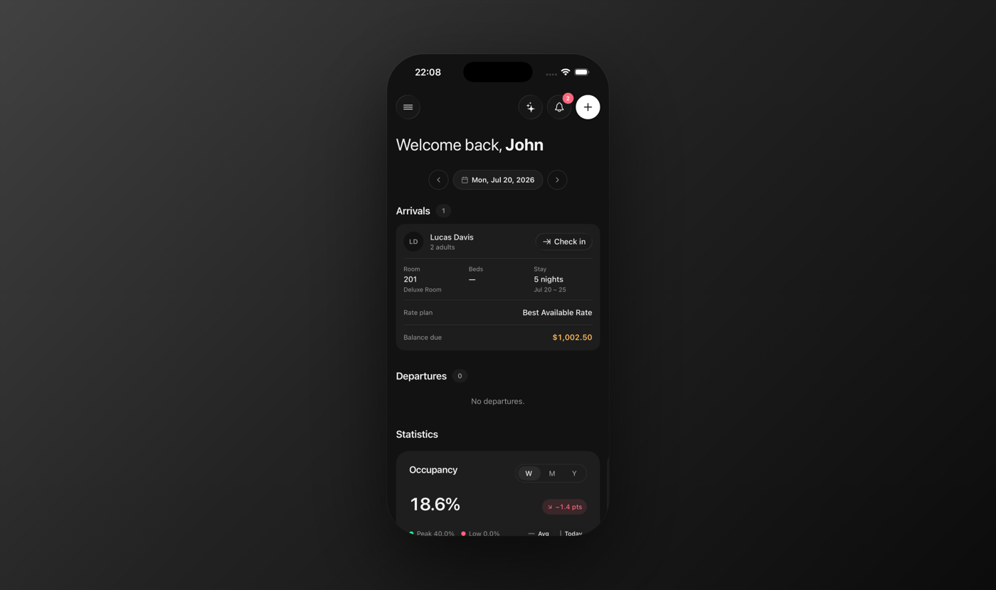 The Veridien mobile dashboard showing arrivals, departures, and occupancy