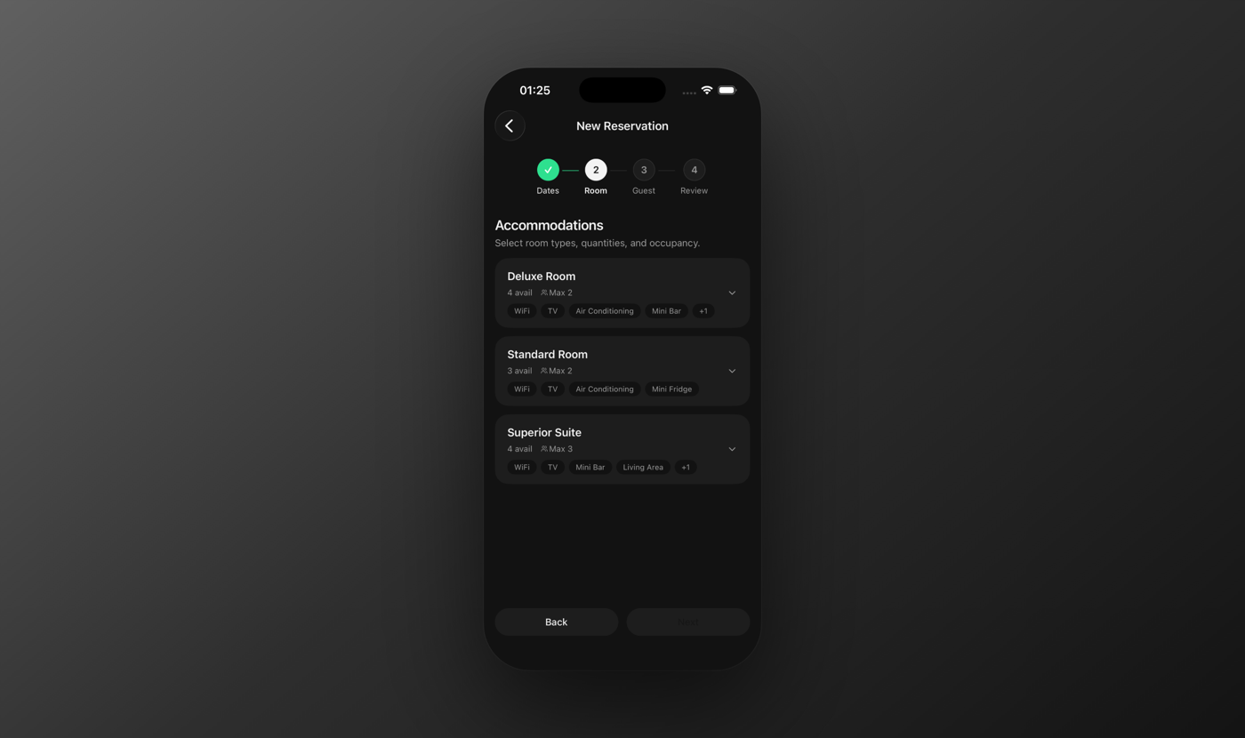 La procedura guidata mobile di nuova prenotazione, al passaggio di scelta della camera