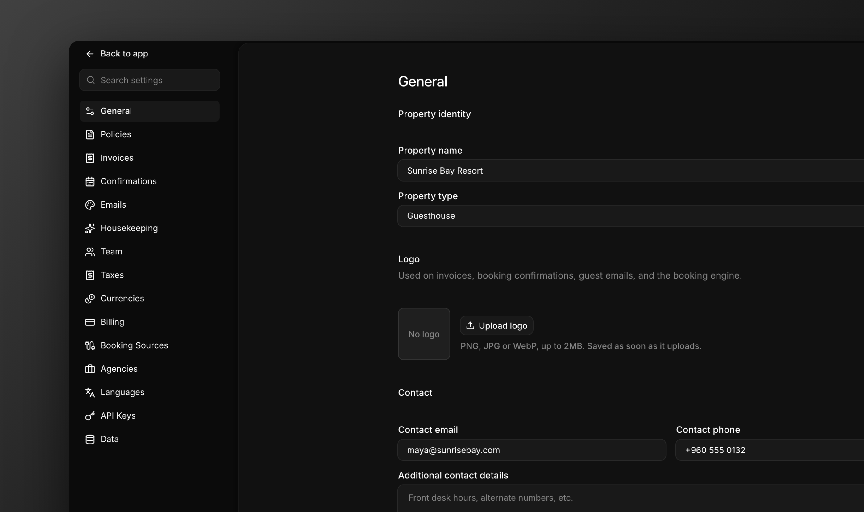 Property settings with rooms, room types, and configuration