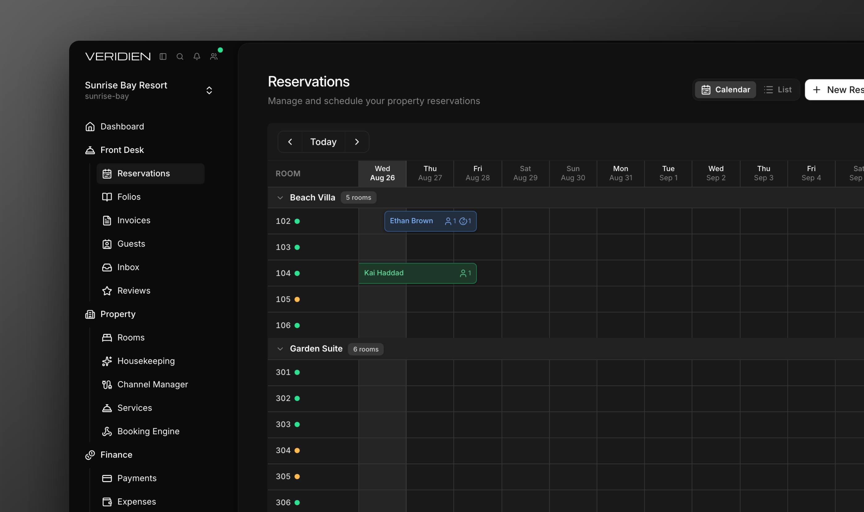 The color-coded reservations calendar with bookings across room types
